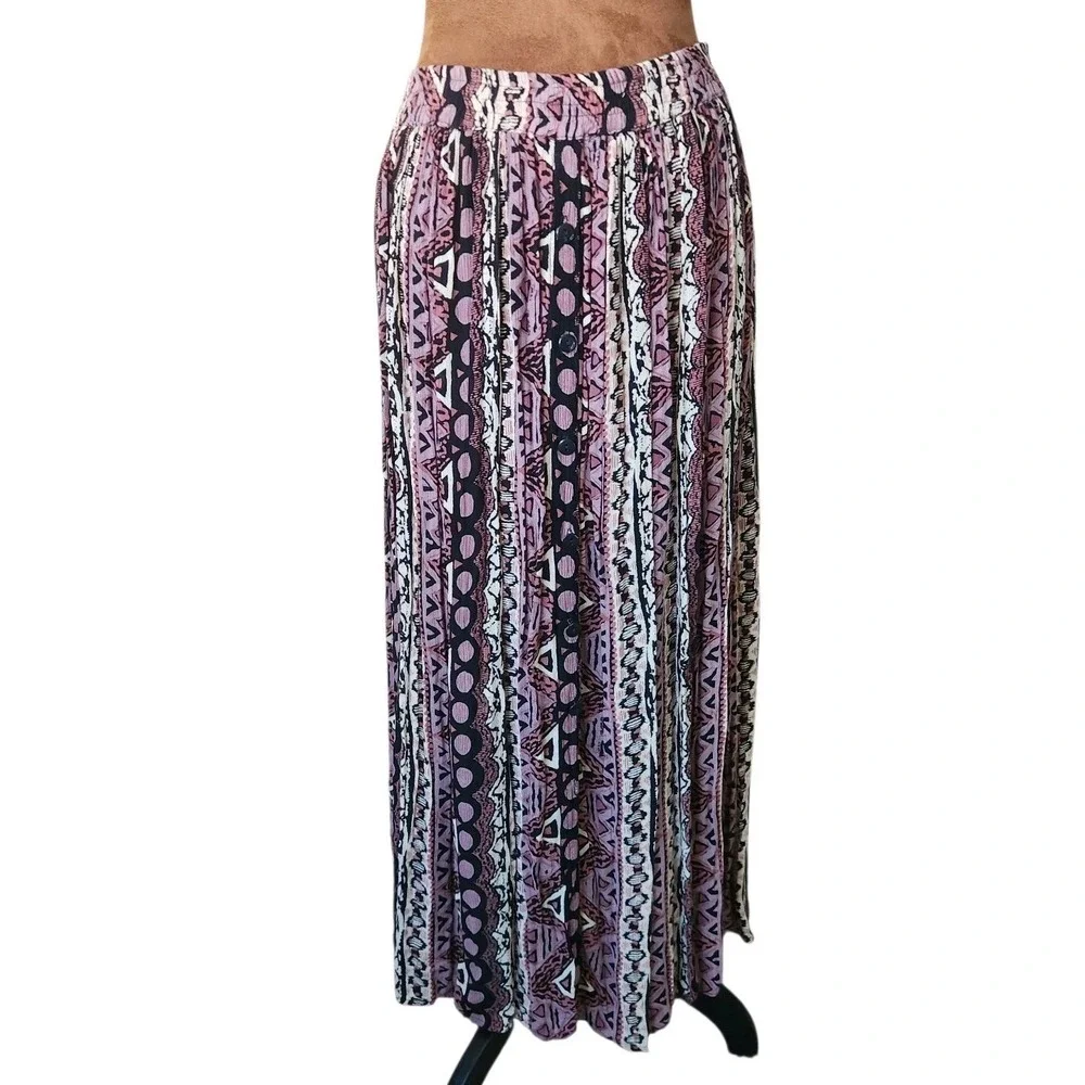 Symphony Midi Skirt 90s Vintage Geometric Pattern Elastic Waist Button Front S/M